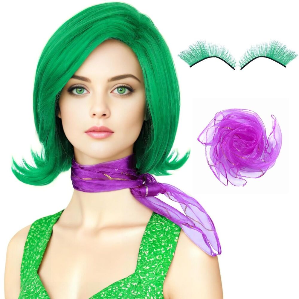 Short Green Costume Wig with Scarf and False Eyelashes Cosplay Halloween